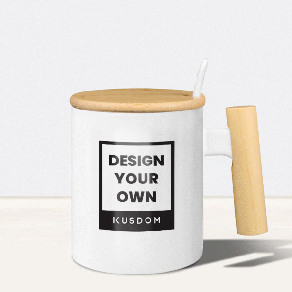 Nordic style ceramic cup with a wooden handle and a spoon, 350ml